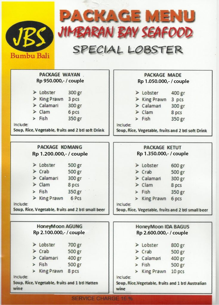 jimbaran seafood menu